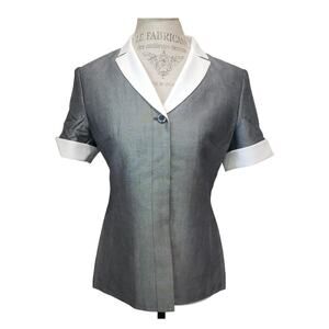 Kasper A S L Petite Gray & White Short Sleeved Hidden Button Up Blazer Shirt